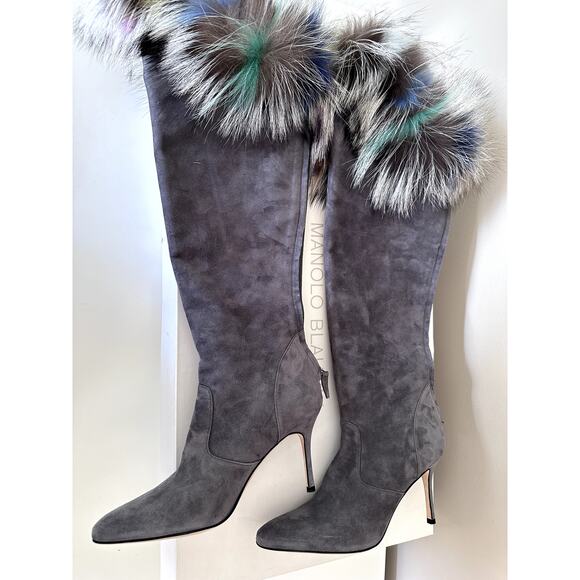 $1995 Manolo Blahnik Likanskim Boots Fur Suede Tall Womens Shoes Size 37.5 New - Picture 7 of 11